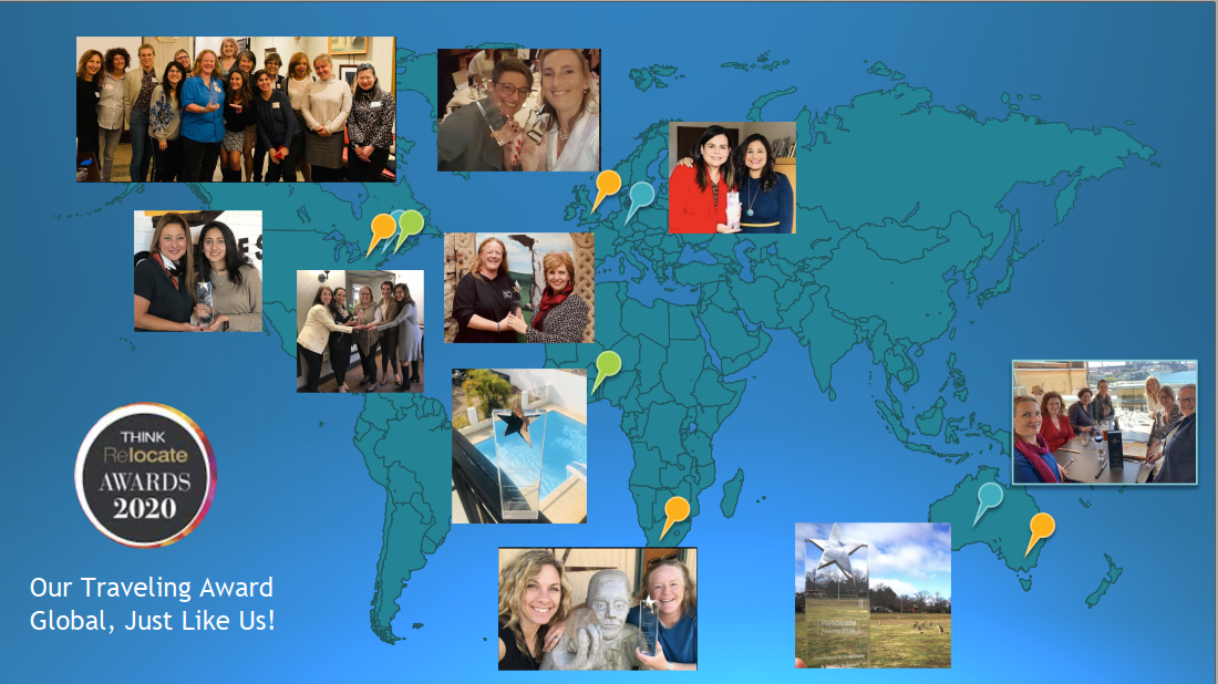 World map and photos of the Think Relocate award being passed from location to location